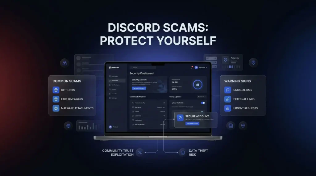 Security dashboard illustrating common discord scams examples and warning signs including fake giveaways and unusual DMs