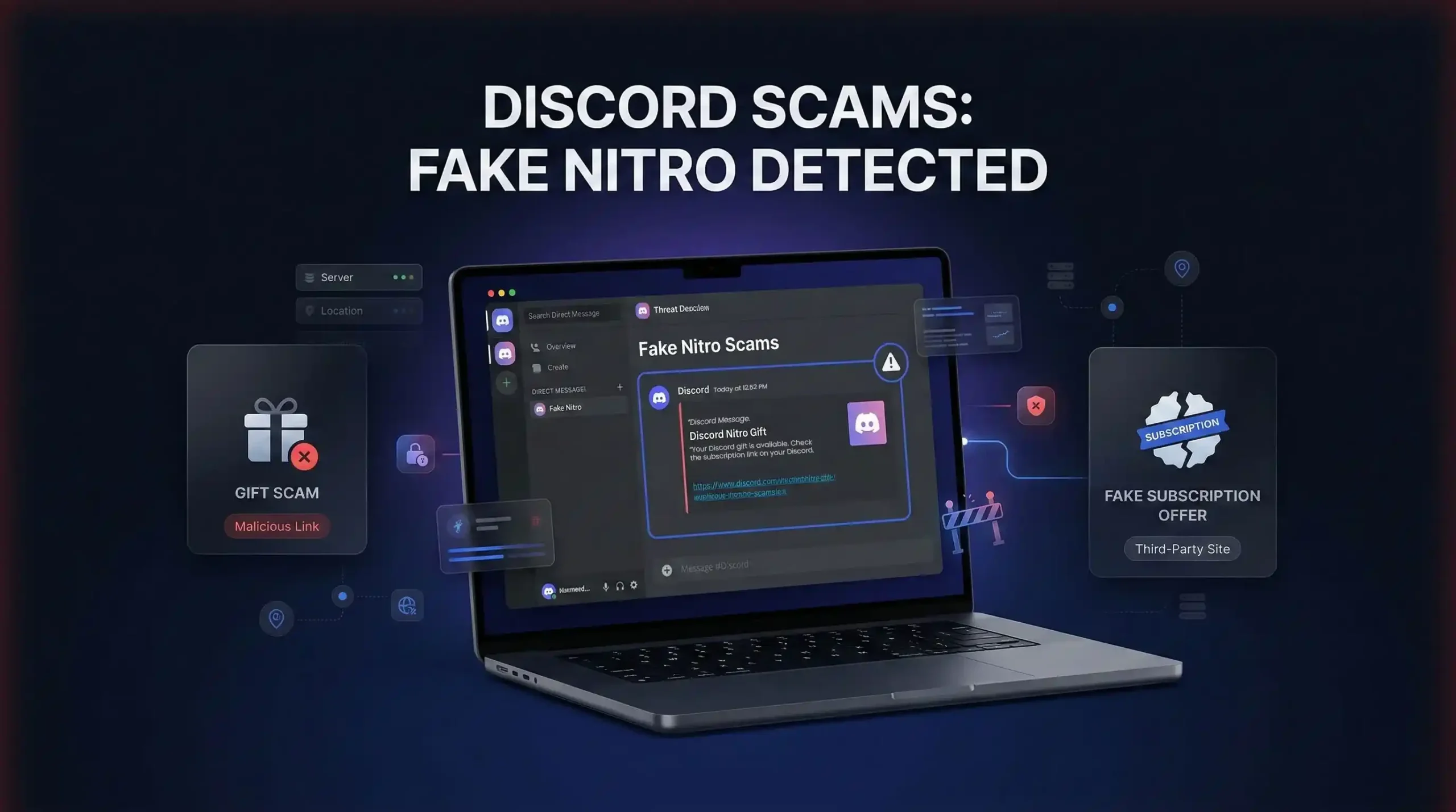 Laptop displaying a fake Nitro gift message representing the most common discord scams including gift scams and fake subscriptions