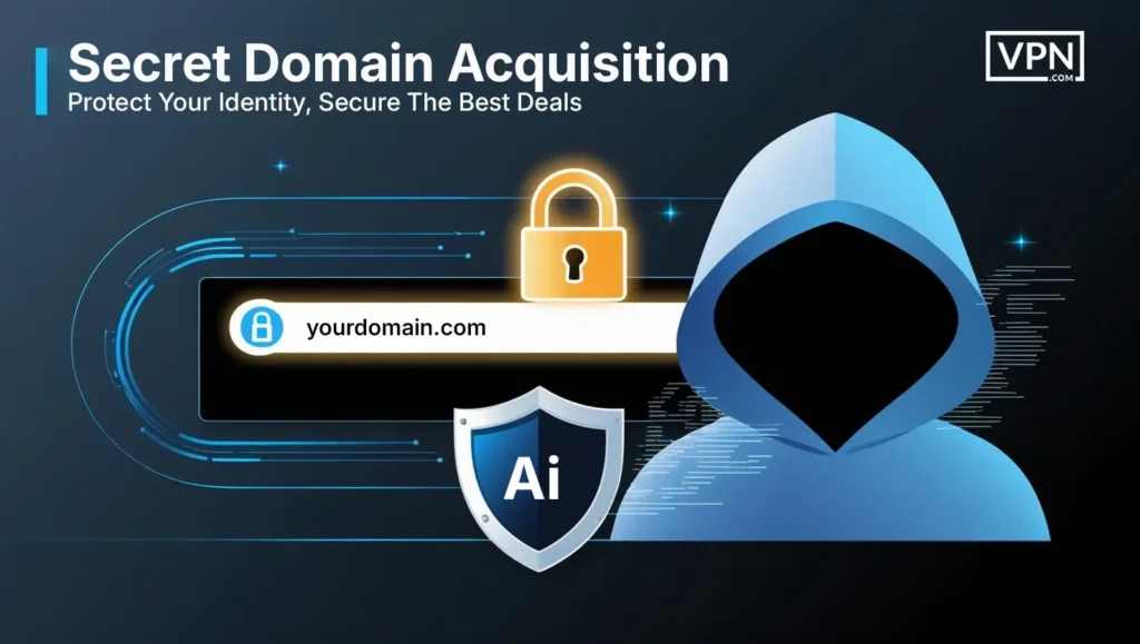 Secret Domain Acquisition banner by VPN.com featuring 'Protect Your Identity, Secure The Best Deals' tagline