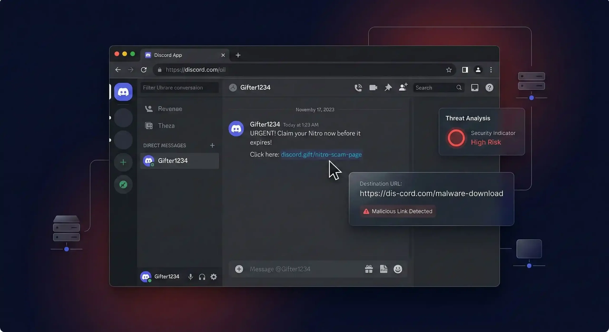 Discord message flagged as a discord scam showing a fake Nitro link with a malicious URL and high risk warning