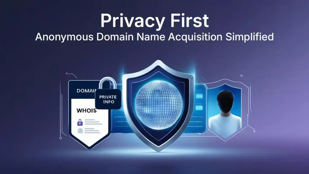 Privacy First: Anonymous Domain Name Acquisition Simplified - protective shield securing WHOIS data for confidential domain purchases with hidden identity.