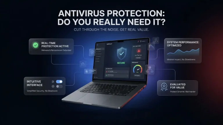 Antivirus protection do you really need it dashboard on laptop showing real-time malware and ransomware defense, intuitive interface, optimized system performance and value evaluation