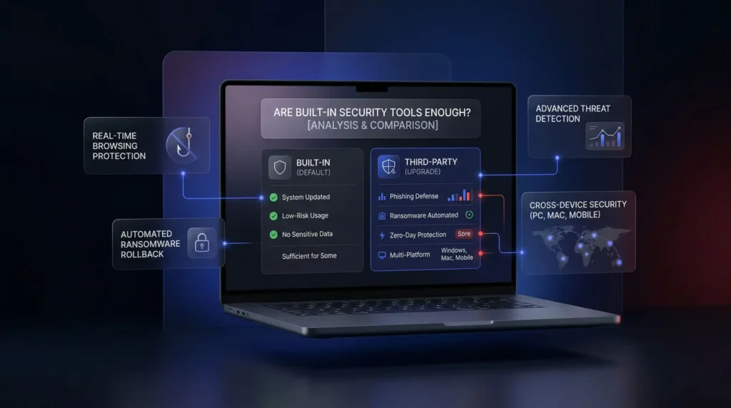 Are built-in security tools enough antivirus comparison on laptop showing default built-in versus third-party upgrade with phishing defense, zero-day protection and cross-device security