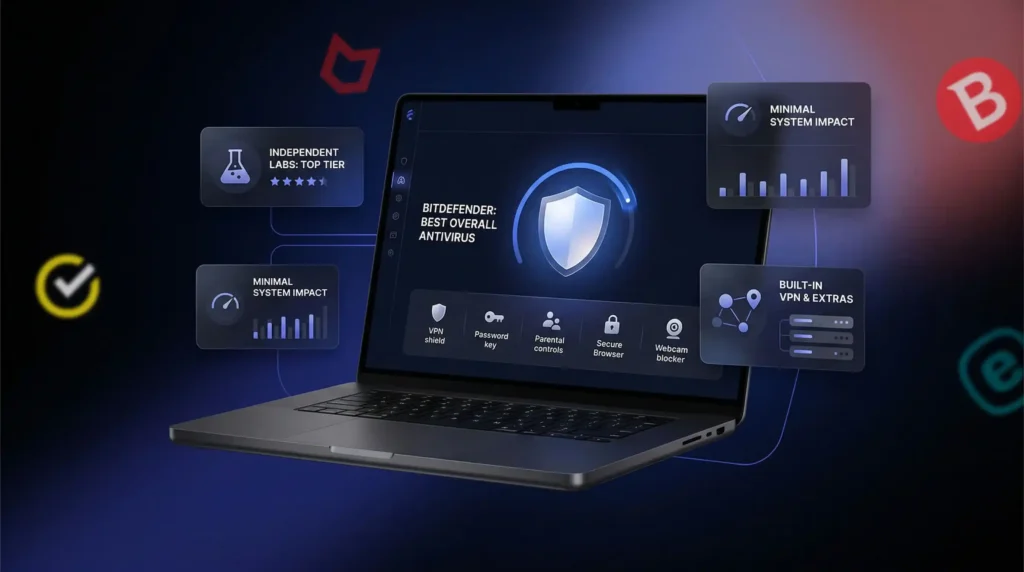 Best antivirus tools reviewed showing Bitdefender as top overall pick on laptop with independent lab top tier rating, minimal system impact, built-in VPN and extra security features