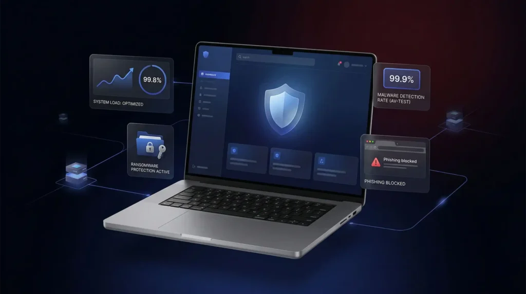 What makes an antivirus tool worth using shown on laptop with 99.9% malware detection rate from AV-TEST, active ransomware protection, phishing blocked and optimized system load