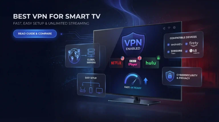 Best VPN for smart TV hero showing 4K streaming, global servers, compatible devices, and privacy features