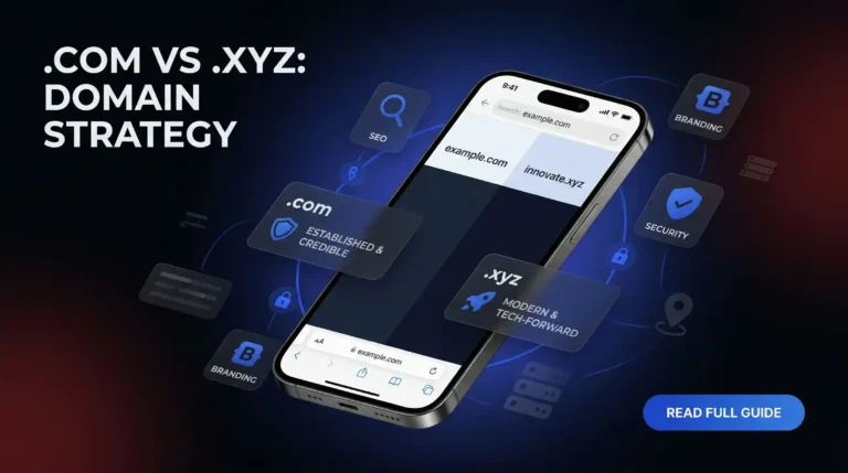 .com vs .xyz domain strategy guide displayed on mobile screens highlighting SEO branding and security factors for choosing between established .com and tech-forward .xyz