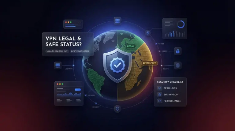 Are VPNs legal and safe worldwide illustration with global map, security shield and legal vs restricted regions