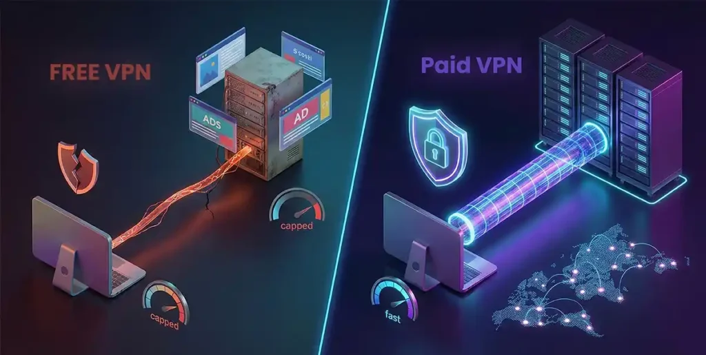 Comparison graphic of free vs paid VPNs, highlighting that the best VPN provides stronger encryption, faster speed, and reliable protection.