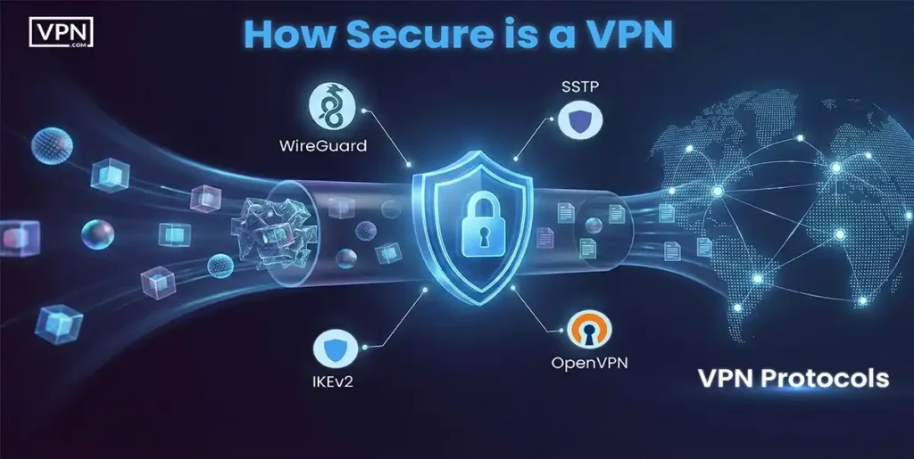 Visual showing WireGuard, IKEv2, OpenVPN, and SSTP protocols around a security shield, representing the best VPN protocols for privacy and performance.
