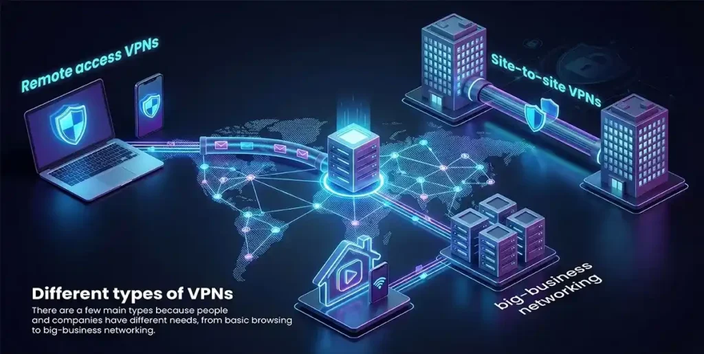 Network illustration showing remote access and site-to-site VPNs connecting offices and devices worldwide, describing how the best VPN supports both business and personal use.