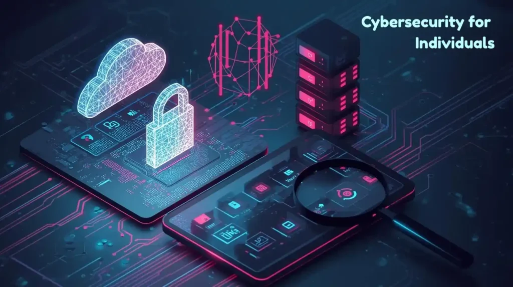 Cybersecurity for individuals graphic showing cloud, lock, and device protection
