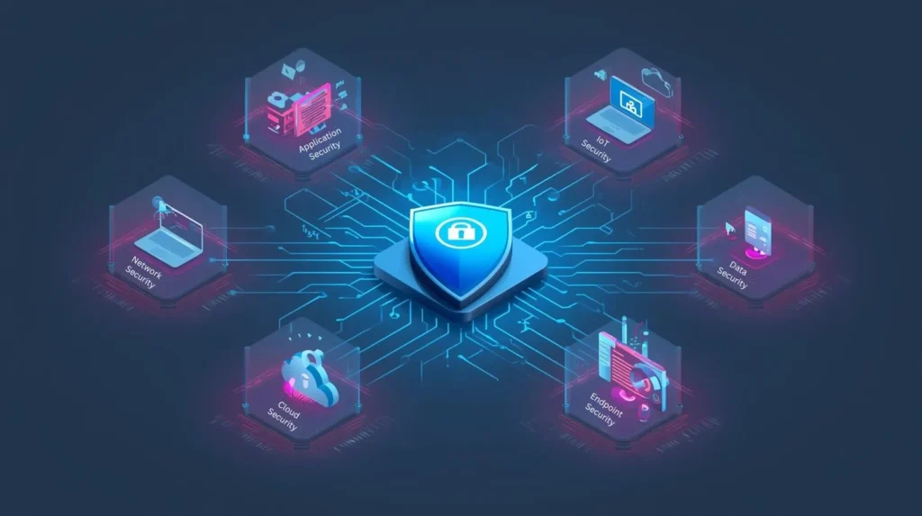 Types of cybersecurity diagram showing network, cloud, data, and endpoint security