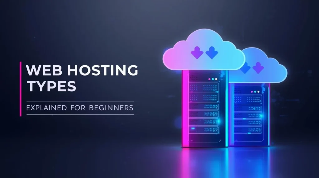 Web hosting types illustration with servers and cloud for beginners