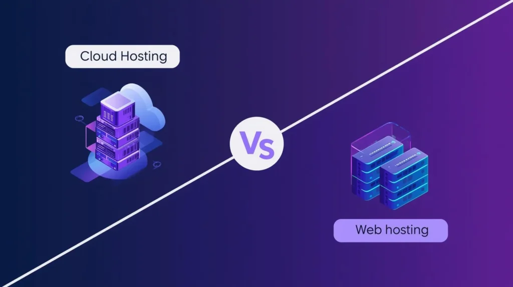 Cloud hosting vs web hosting comparison illustration with servers