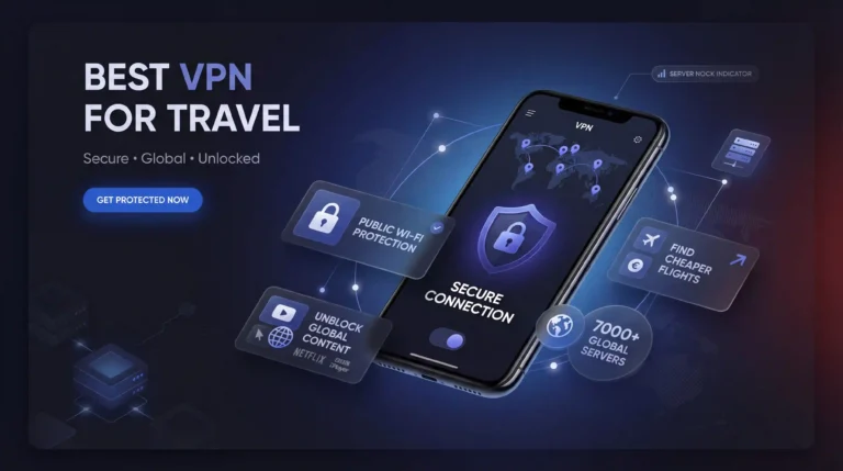 Best VPN for travel hero showing secure connection, public Wi-Fi protection, global servers, and content unblocking features