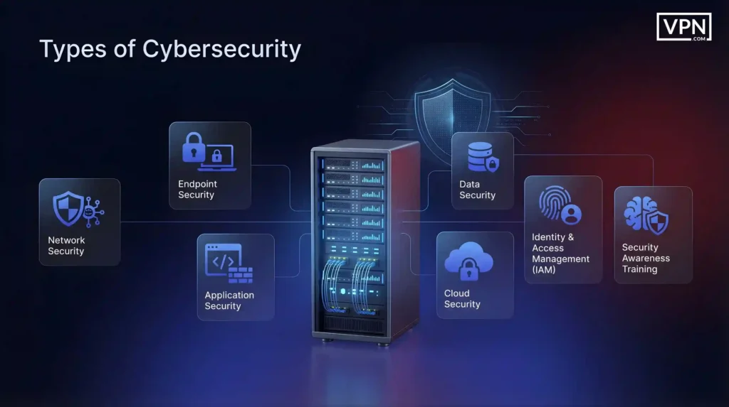 Types of cybersecurity network, endpoint, application, cloud, data security, IAM, and security awareness training