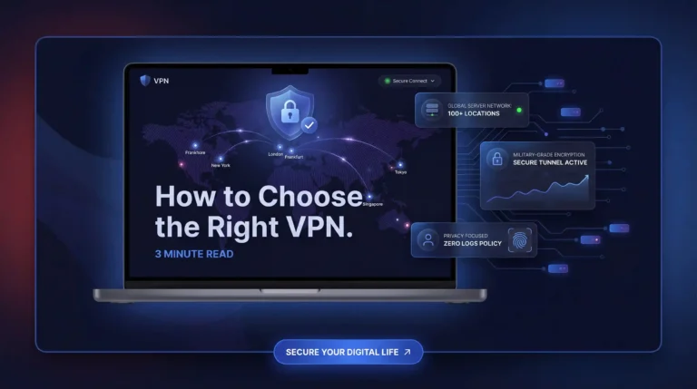 How to choose a VPN hero showing global server network, military-grade encryption, and zero logs policy features