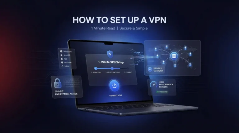 How to set up a VPN hero showing 1-minute setup process across Windows, macOS, iOS, Android, and Linux