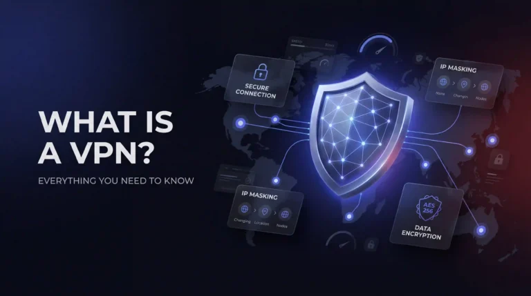 What is a VPN diagram showing secure connection IP masking and AES-256 data encryption as the three core functions of a VPN