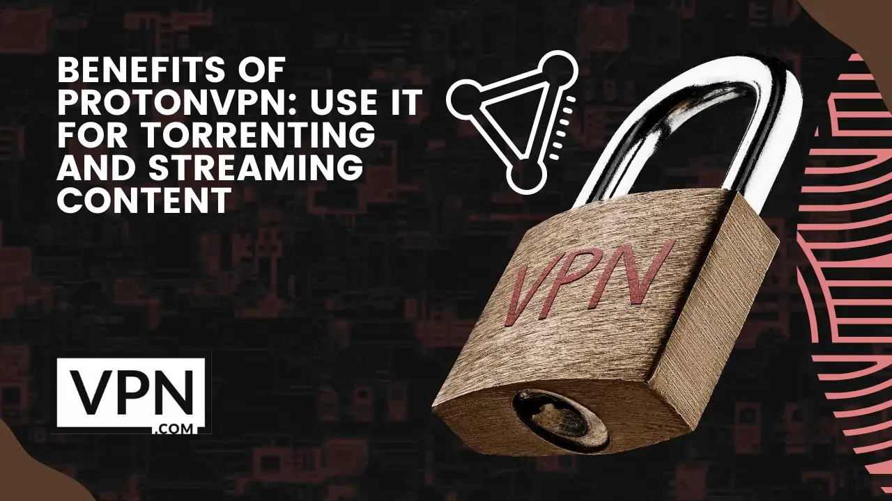 The text in the image says, benefits of protonVPN and use it for torrenting and streaming of content
