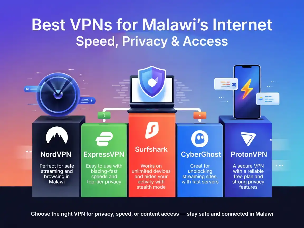 Best VPNs Compatible with Malawi's Internet Infrastructure Best VPNs for Malawi's internet showing top providers like NordVPN, ExpressVPN, and Surfshark for privacy, speed, and access