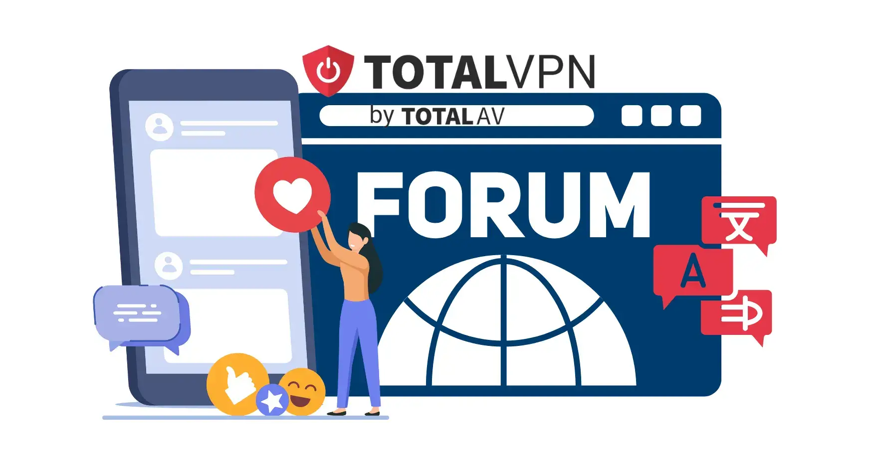 Community Forums & Social Media 9 Total VPN community forum illustration showing a smartphone interface with social interaction elements including likes, comments and reactions
