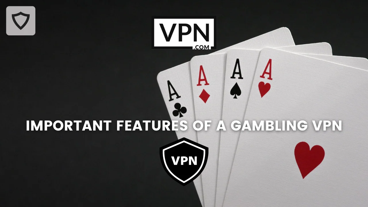 Pildi tekstis on kirjas, et hasartmängude VPN-i olulised omadused ja pildi taustal on kujutatud pokkeri kaarte.