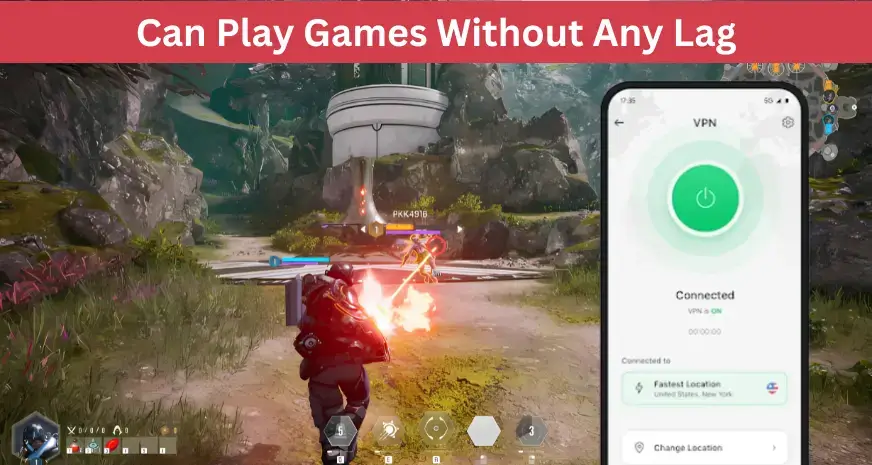 Gaming and Real-Time Applications 6 Online gaming with Total VPN showing lag-free gameplay alongside mobile app interface displaying active connection to New York server