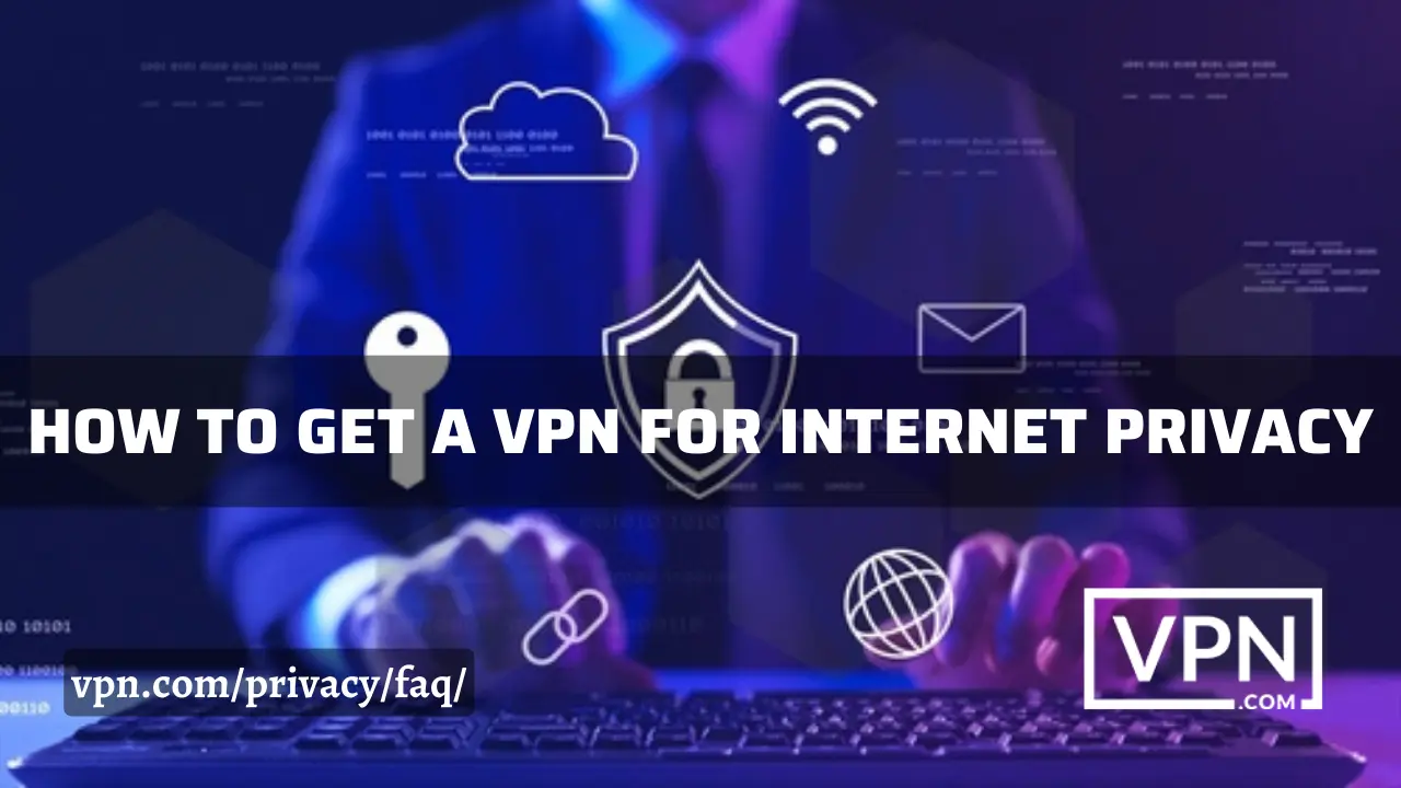 Texten i bilden säger hur man skaffar en VPN för att skydda sin integritet på internet och bakgrunden visar en VPN-affär.