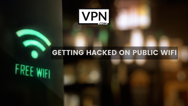 The text in the image says, getting hacked on Public WiFi and the background of the image shows Free WiFi Sign