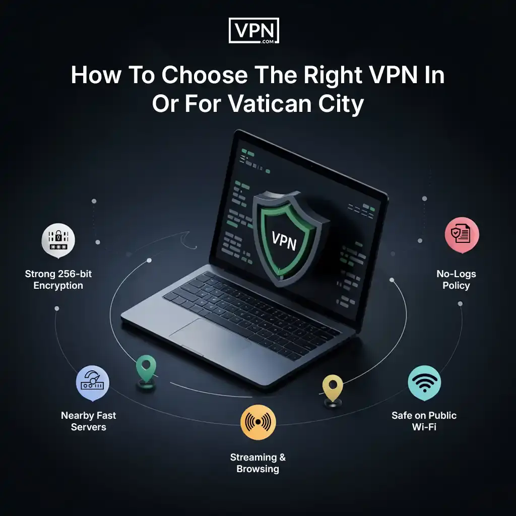 How To Choose The Right VPN In Or For Vatican City Laptop screen with VPN app highlighting features to look for in a Vatican City VPN like no-logs policy, strong encryption, and nearby servers
