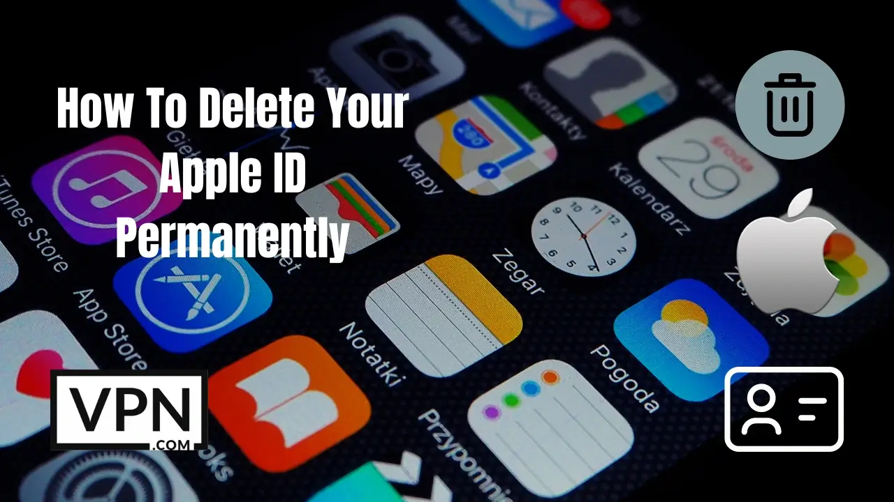 The text n the image saying,"How to Delete Apple ID Permanently" with Iphone background interface in it