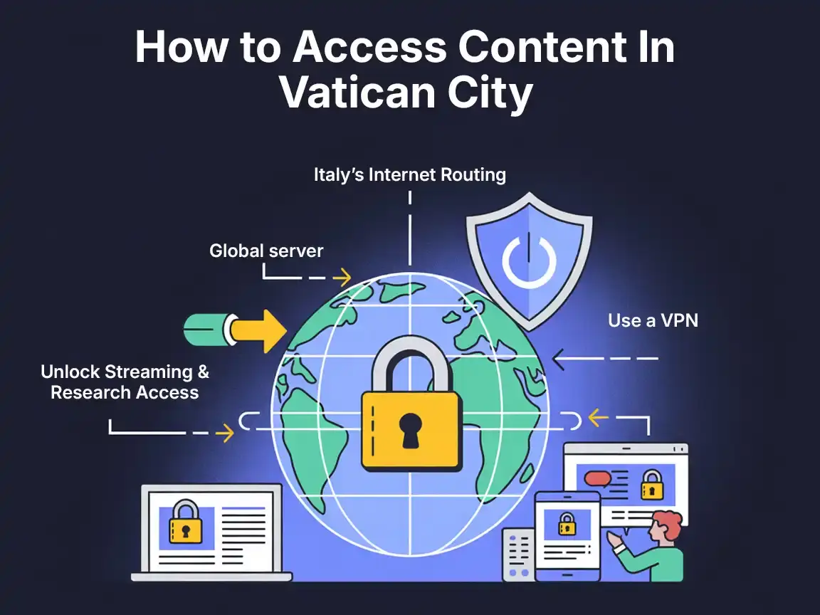 How to Access Content In Vatican City Global internet routing graphic explaining how a Vatican City VPN unlocks streaming and research content blocked by Italy’s internet restrictions