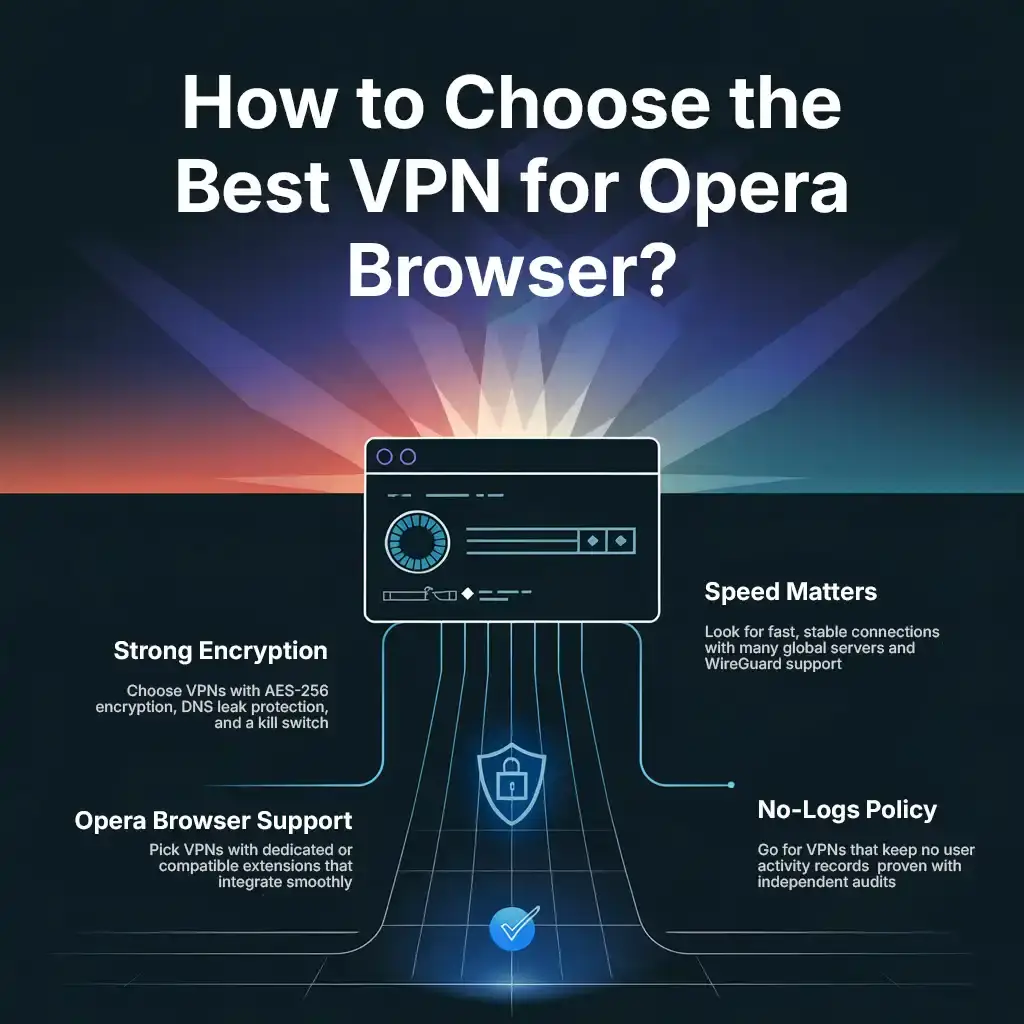 How to Choose the Best VPN for Opera Browser Key factors to choose the best VPN extension for Opera including encryption, speed, and no-logs policy