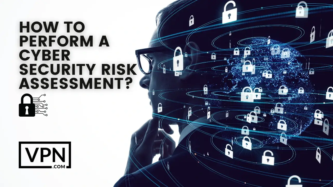 The text in the image says, how to perform a cyber security risk assessment and background shows a person surroundings cyber locks