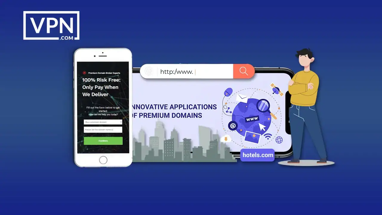 Innovative Applications Of Premium Domains a man standing next to a phone showing Innovative Applications Of Premium Domains