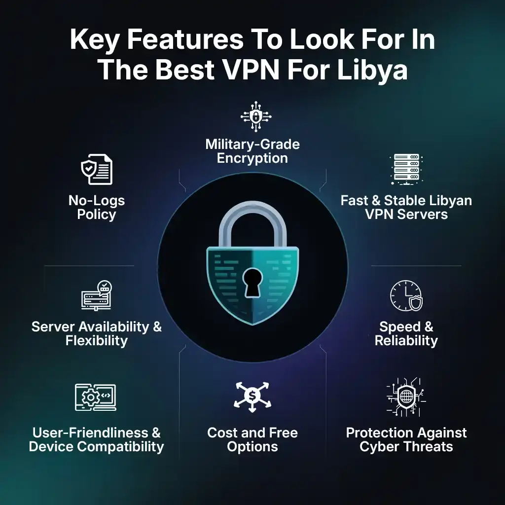Key Features To Look For In The Best VPN For Libya Key features for the best VPN for Libya - military-grade encryption, no-logs policy, and stable servers