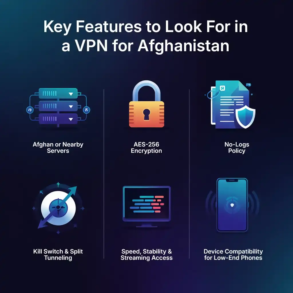 Key Features to Look For in a VPN for Afghanistan Key features to consider when choosing an Afghanistan VPN for privacy and security