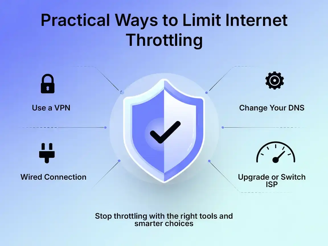 Practical Ways to Limit Internet Throttling How to Bypass ISP Throttling Practical methods to limit internet throttling, including using a VPN, switching DNS, and using a wired connection