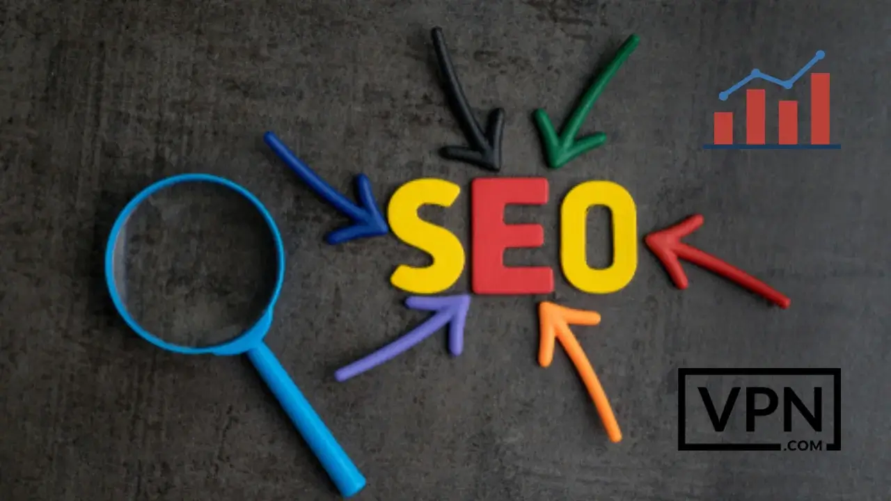 La imagen muestra un logotipo de dominio SEO con una estadística positiva y un signo vpn.com