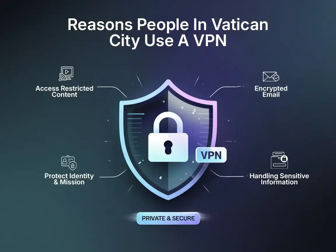 Reasons People In Vatican City Use A VPN Shield graphic showing reasons to use a Vatican City VPN, including encrypted email, identity protection, sensitive communication, and accessing restricted content