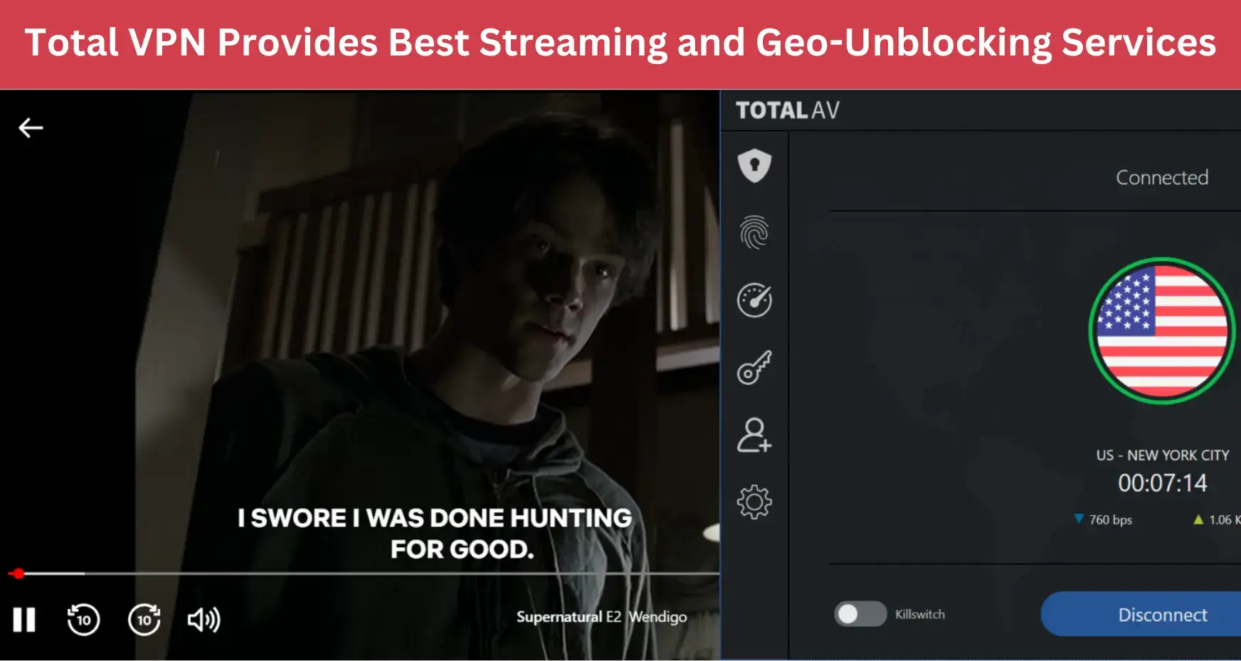 Streaming and Geo-Unblocking 4 Total VPN streaming demonstration showing Supernatural TV show with subtitles alongside TotalAV interface connected to US-New York City server