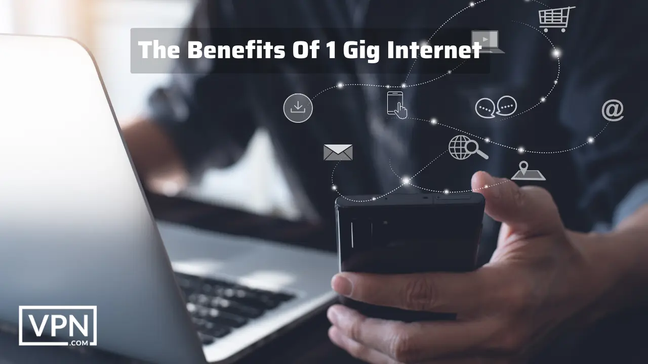 picture containing a laptop and cell phone is directing the benefits of 1 gigabit internet
