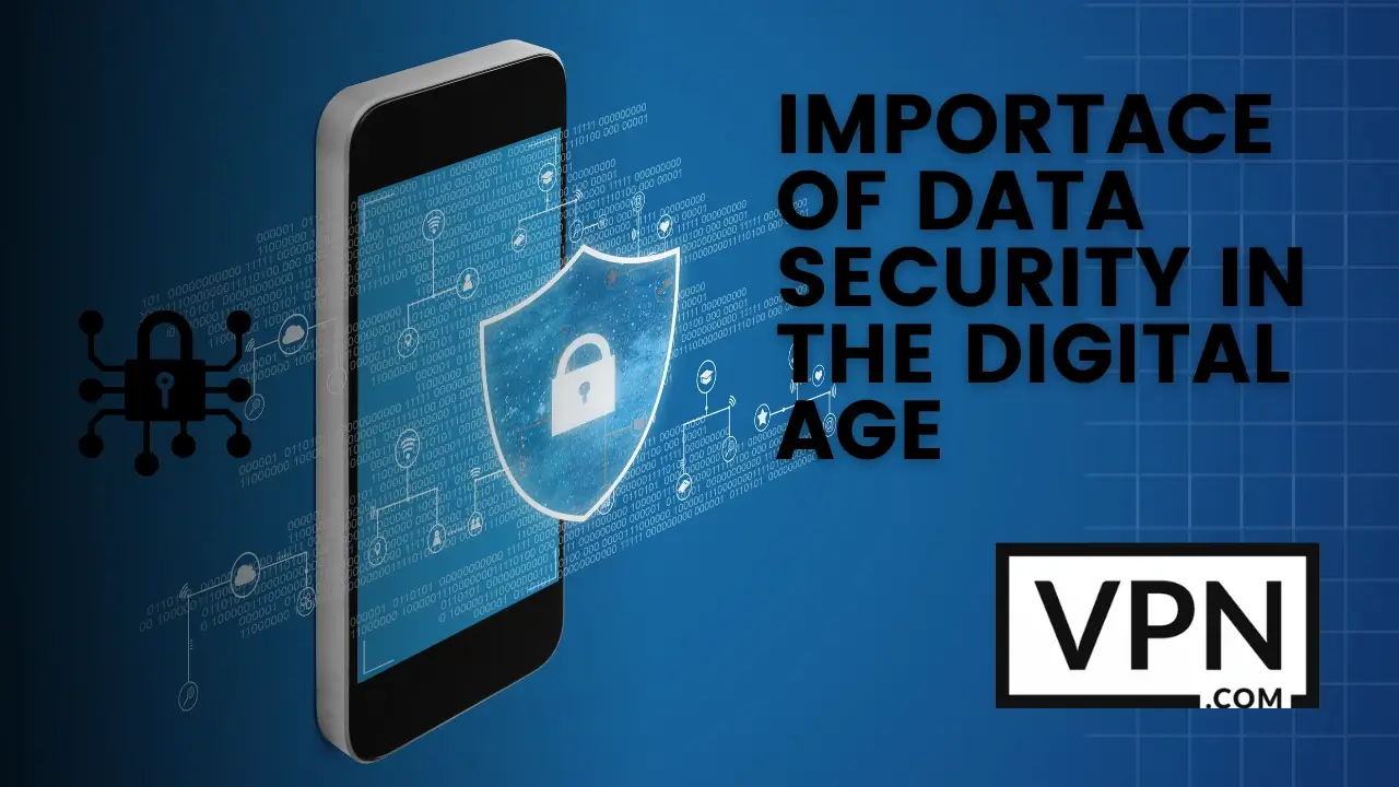 The Text in the image says, Importance of data security in the digital age with a background of a mobile device with encryption in it