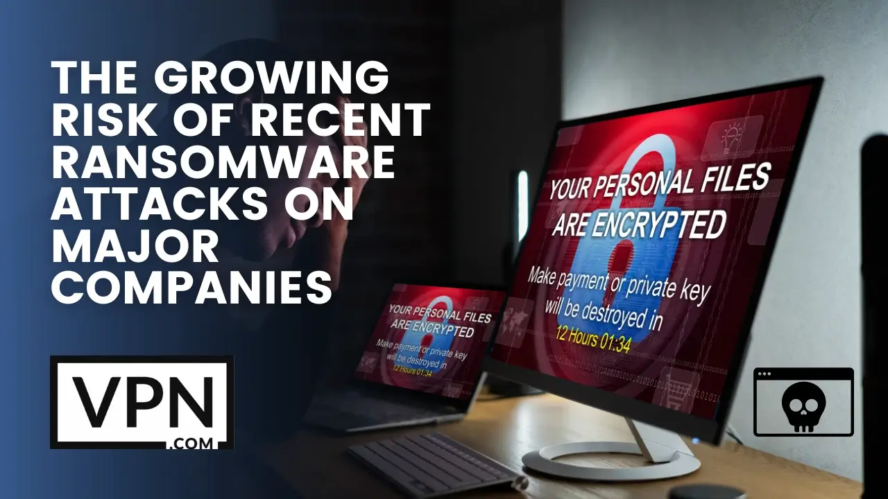 Der Text im Bild lautet: "Das wachsende Risiko von Ransomware-Angriffen auf große Unternehmen", und der Hintergrund zeigt einen Computerbildschirm, der mit einem Virus infiziert ist.