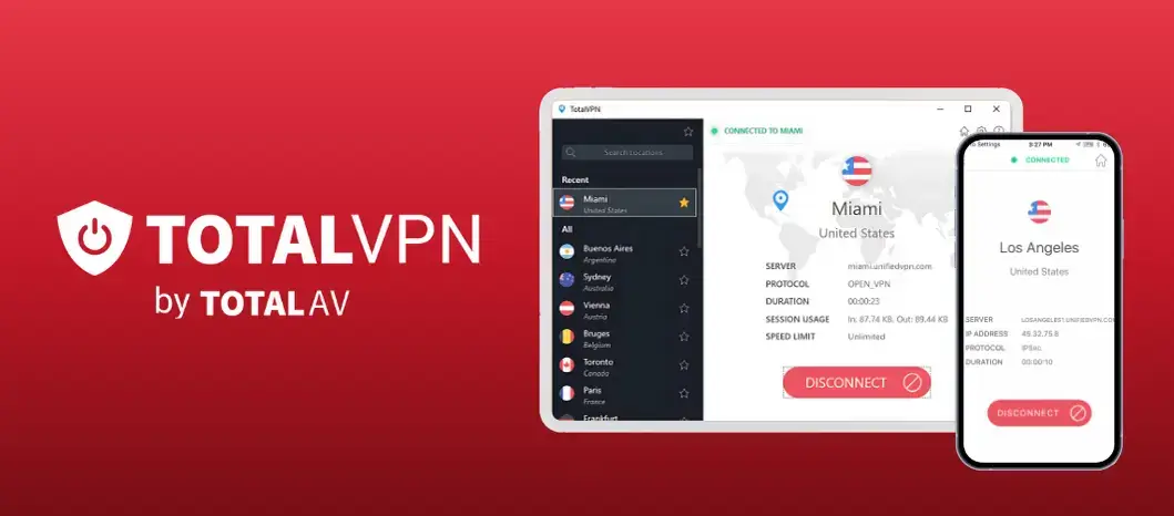Total VPN Featured Image at VPN.com "Total VPN by TotalAV interface shown on desktop and mobile devices with active connections to Miami and Los Angeles servers
