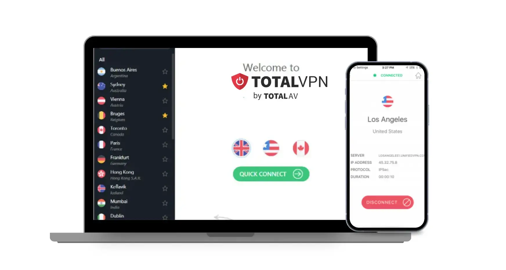 TotalVPN Review VPN Overview & Company Background 1 Total VPN interface displayed on laptop and smartphone screens showing server selection menu with international locations, quick connect button, and active Los Angeles connection
