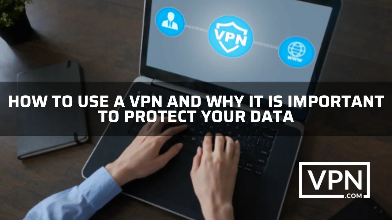 Le texte de l'image indique comment utiliser un VPN et l'arrière-plan de l'image montre une personne qui utilise un VPN sur un ordinateur portable.