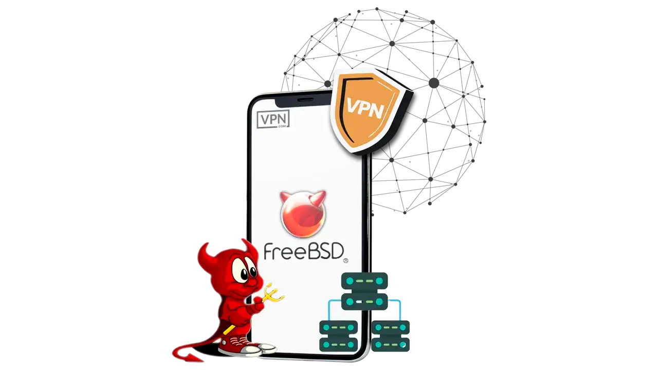 VPN Providers That Support FreeBSD Distribution FreeBSD distribution compatible VPNs illustration with mascot and VPN shield.